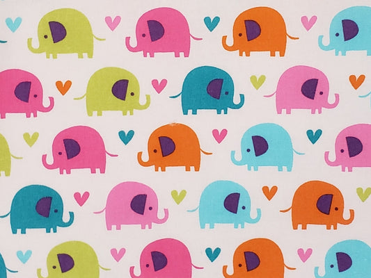 JoAnn Fabric - White Fabric / Bright Pastel Elephant and Hearts  **Adorable!!