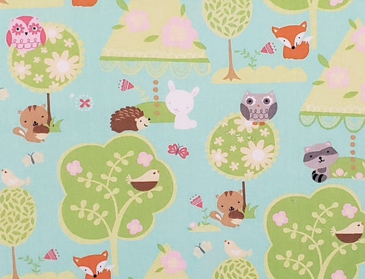 JoAnn Fabric - Juvenile Light Aqua Fabric with Trees, Hedgehog, Raccoon, Fox, Rabbit and Owl Print