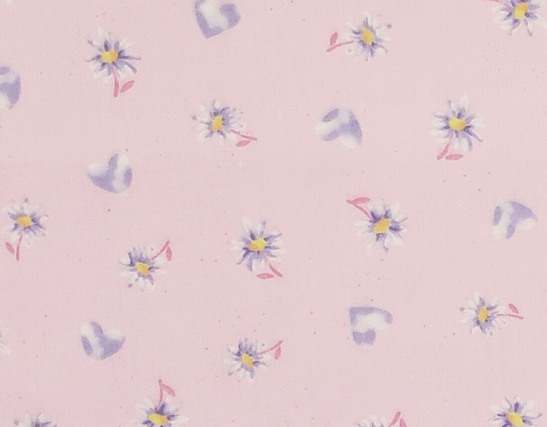 Lightweight Pink Fabric / Light Purple Heart and Daisy Print