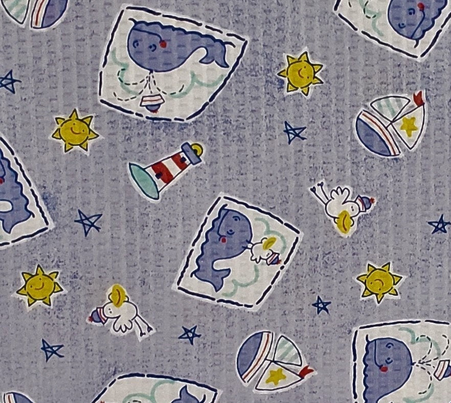 Crinkle Cotton / Seersucker Fabric - Light Blue with Whales