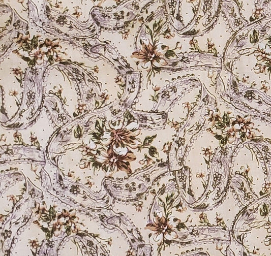 Peter Pan - Ombre Single Border Fabric - Vintage Cream Lace Ribbon, Tan Flowers and Olive Colored Leaves and Border