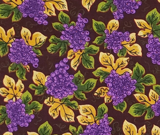 EOB - Dark Brown Fabric / Bright Purple Grape Clusters with Gold and Green Leaves