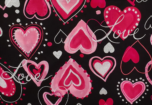 Concord Fabrics Designed by the Kesslers - Black Fabric / Pink and Silver Foil Hearts and Silver Foil LOVE