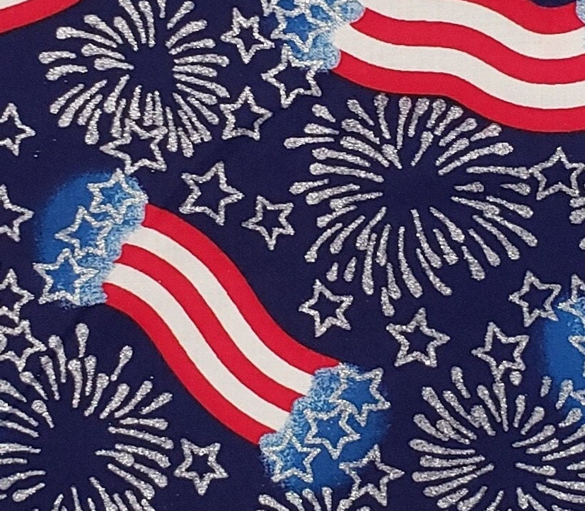 Fabric Traditions 1989 - Dark and Light Blue Fabric / Red and White Flag / Silver Foil Stars & Fireworks Print Fabric