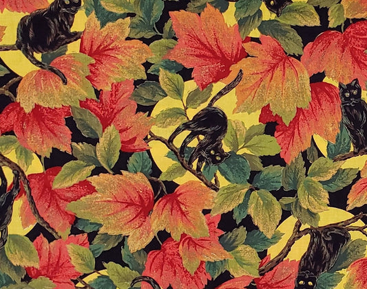 EOB - A Cranston Home Fashion Cranston Print Works - Black Cat, Full Moon and Autumnal Leaf Print Fabric - 58" WIDE FABRIC