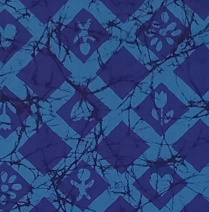 BATIK - 38" Wide Blue Tone-on-Tone Diamond Pattern with Flower, Heart and Baby Batik Fabric