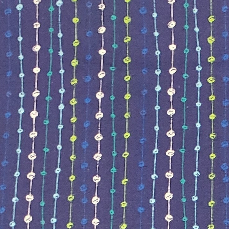 Dark Blue Fabric with "Beaded" Stripes in Aqua / Blue / Lime Green / White