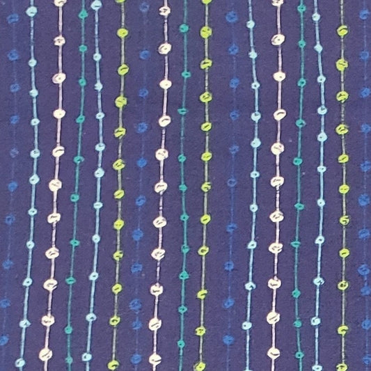 Dark Blue Fabric with "Beaded" Stripes in Aqua / Blue / Lime Green / White