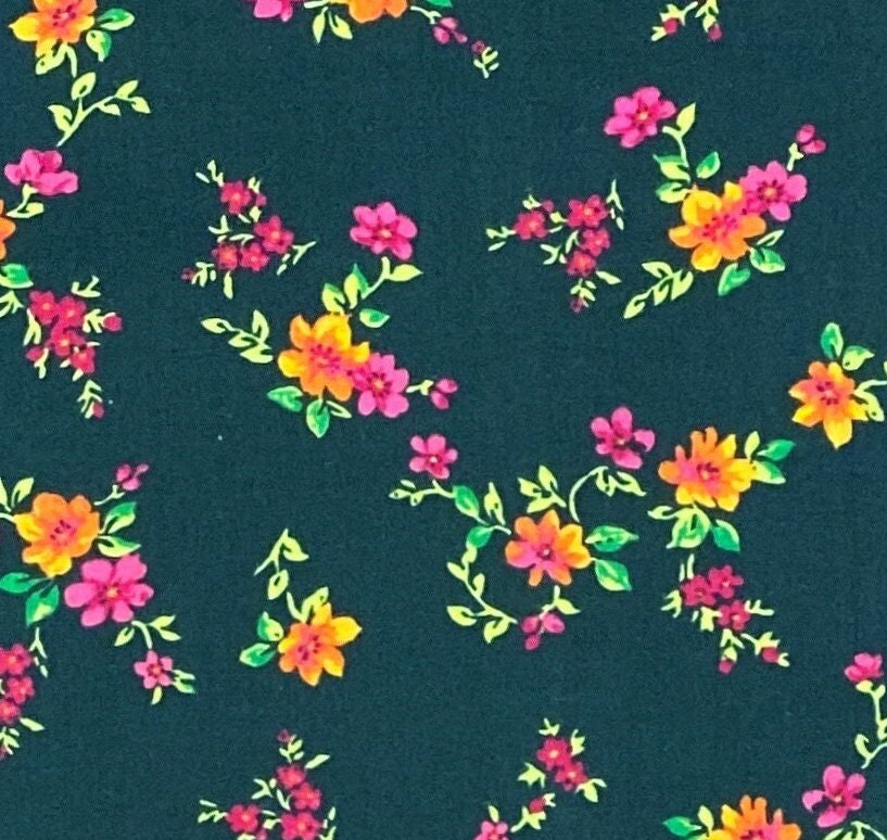 Deep Emerald Green Fabric / Bright Pink and Yellow Flowers