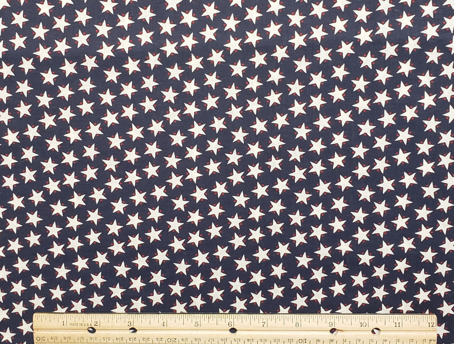 Dark Blue Patriotic Fabric - Offwhite Stars / Dark Red Dot Accent on Stars