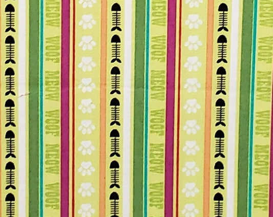 My Pet's by M'Liss - Bright Green and Magenta Stripes Fabric / MEOW, WOOF and Fishbones Print