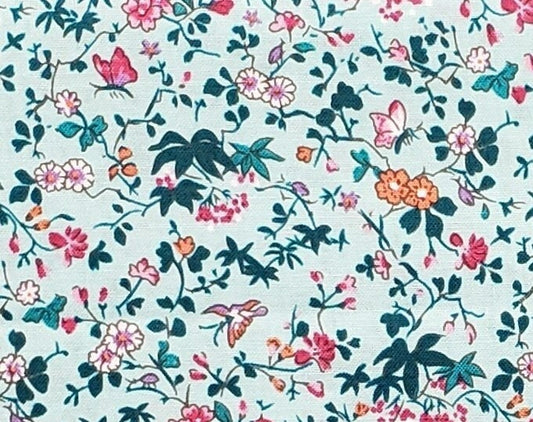 Dark Mint Fabric / Pink and Purple Flowers and Butterflies with Darker Green Leaves - Selvage to Selvage Print