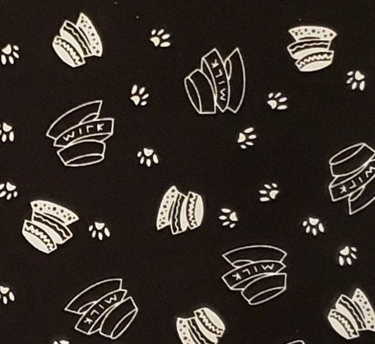 Playful Kitties - Designed exclusively for Hancock Fabrics - Black Fabric / White Bowls and Paw Prints