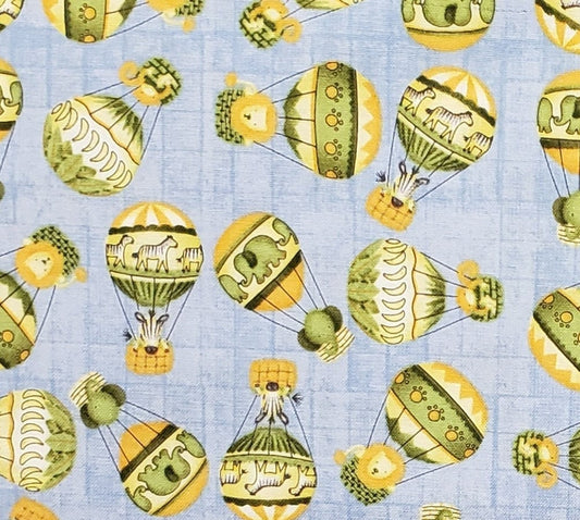 Debbie Mumm for JoAnn Fabric - Light Blue Fabric with Green and Yellow Hot Air Ballons / Lions, Monkeys, Elephants in Baskets