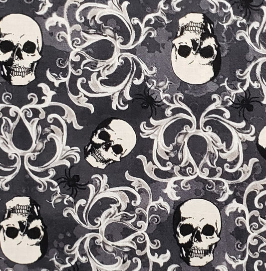 JoAnn Fabric - Mottled Gray Fabric with Skulls, Spiders and Filigree Print