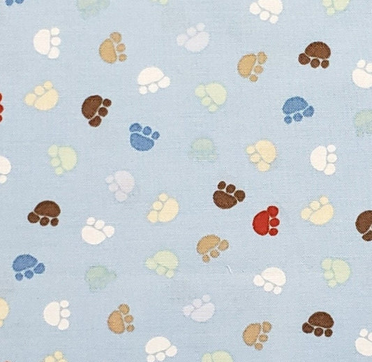 MBT - Pale Blue Fabric with Brown, Red, White and Blue Paw Prints