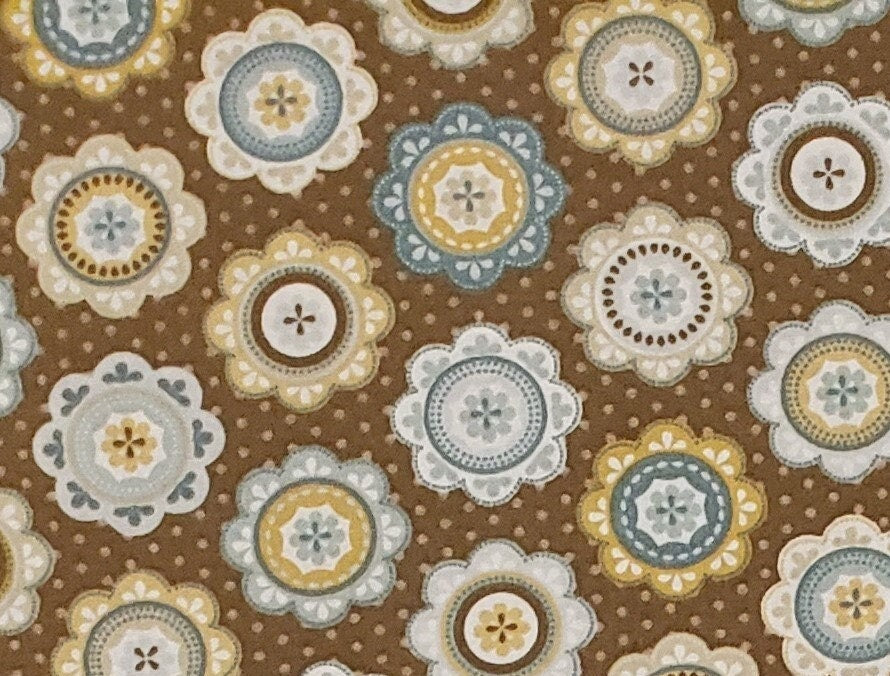 Richloom Copyright MMXII US Canada UP - Dark Tan Fabric with Beige Dot Background / "Button" Flowers in Slate Blue, Gold, Gray and White