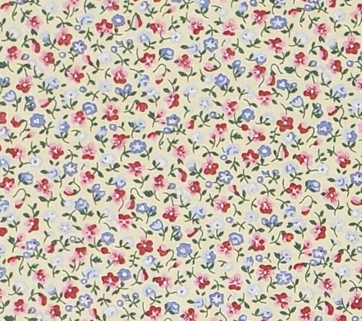 Soft Yellow Fabric / Pink and Blue Flowers / Ditsy Print