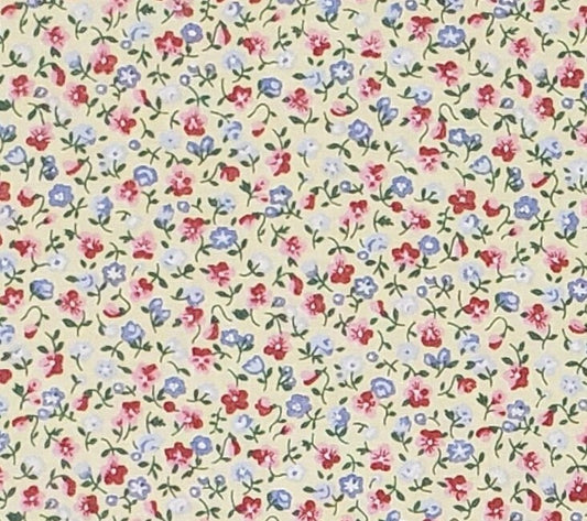 Soft Yellow Fabric / Pink and Blue Flowers / Ditsy Print