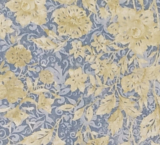 CP44446 Butterfly Melody Floral Scroll Susan Winget - Blue/Gray Fabric - Pale Gray Leaf Print / Gold Tonal Flower Print