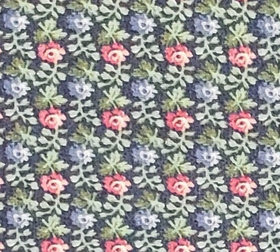 Dark Blue Fabric / Pink and Blue Flowers / Leaf Pattern