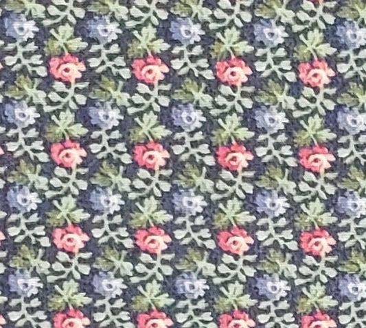 Dark Blue Fabric / Pink and Blue Flowers / Leaf Pattern