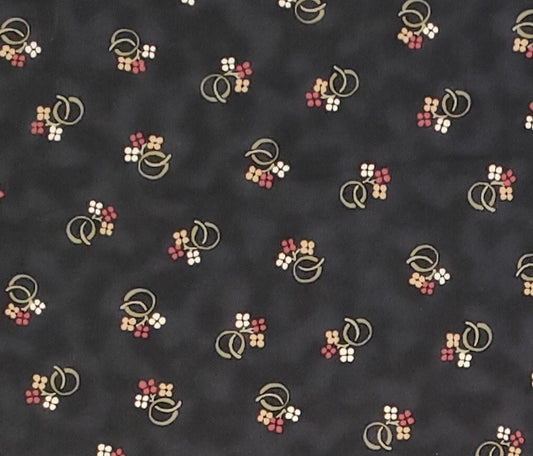 EOB - Wishing Well by Ginger Cookie Company for Clothworks - Black Tonal Fabric / Stylized Flowers in Cream, Rust, Gold