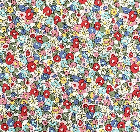 Mother's Valentines from Mary Mulari for Marcus Brothers Textiles - White Fabric / Red, Pink, Blue and Yellow Cartoon-Style Flower Print