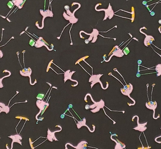 Oh So Flamingo by Anne Ormsby for CLOTHWORKS - Black Fabric / Scattered Flamingos / Umbrella / Scotter / Suitcase / Surfboard