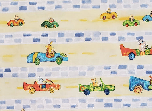 Jennifer Sampou "Go Mice Go"  for Robert Kaufman Co., Inc. - Cartoon-Style Animals Driving Vintage Racecars on Striped Fabric