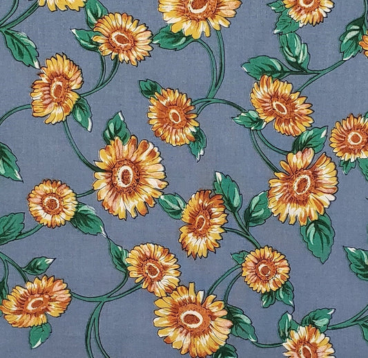 EOB - Hi-Fashion Fabrics - Colonial Blue Fabric / Yellow Sunflowers with Green Leaves