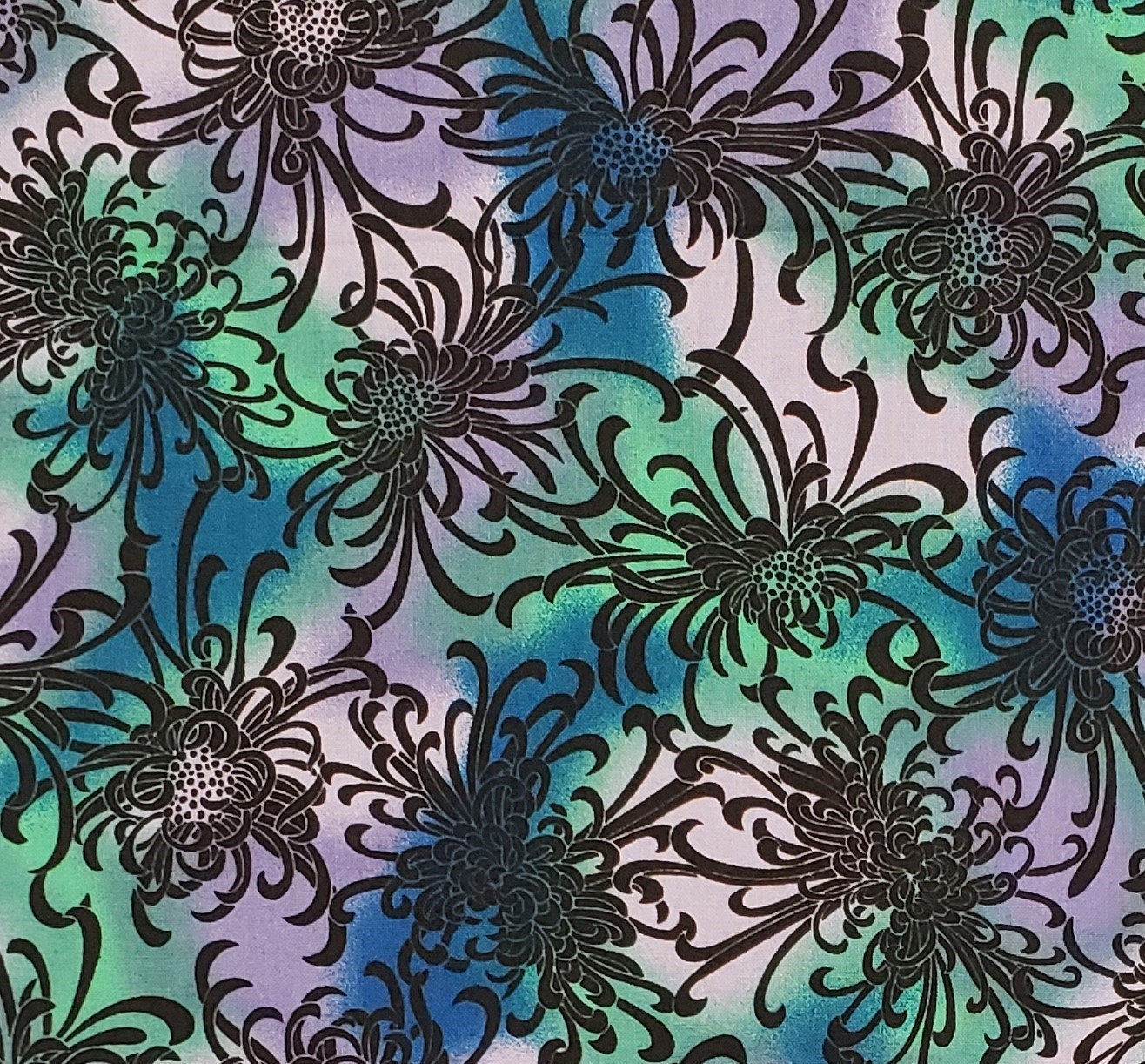 Modern Moods of Japan the Woodrow Studio London England - Purple, Lavender, Blue, Green Tonal Fabric / Black Stylized Flower Print