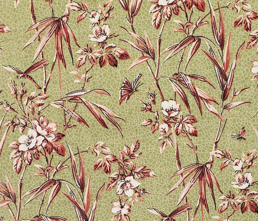 Concord Fabrics - Golden Green Fabric / Rust Flowers on Crackle Background