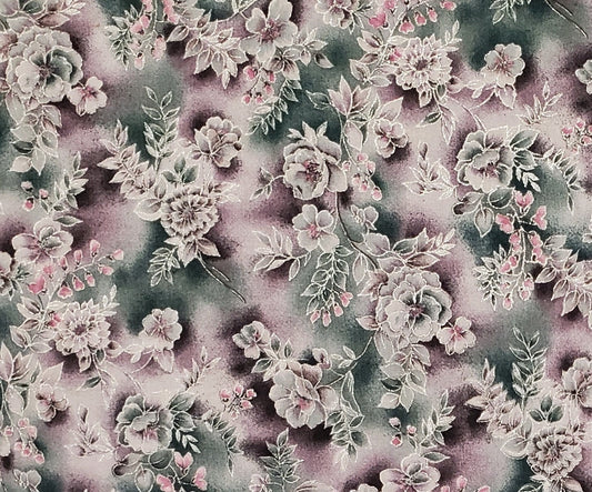 Timeless Treasures for HI-Fashion Fabrics - Dark Hunter and Plum Bottled Fabric / Light Plum Flowers Outlined in Silver Metallic