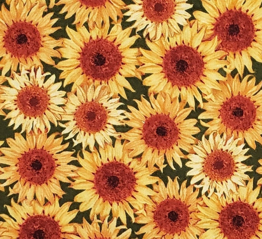 EOB - Kate Ward Thacker/Next Day Art for Robert Kaufman Farm Fresh Screen Print D #11413-Dark Green Fabric/Orange and Yellow Sunflower Print