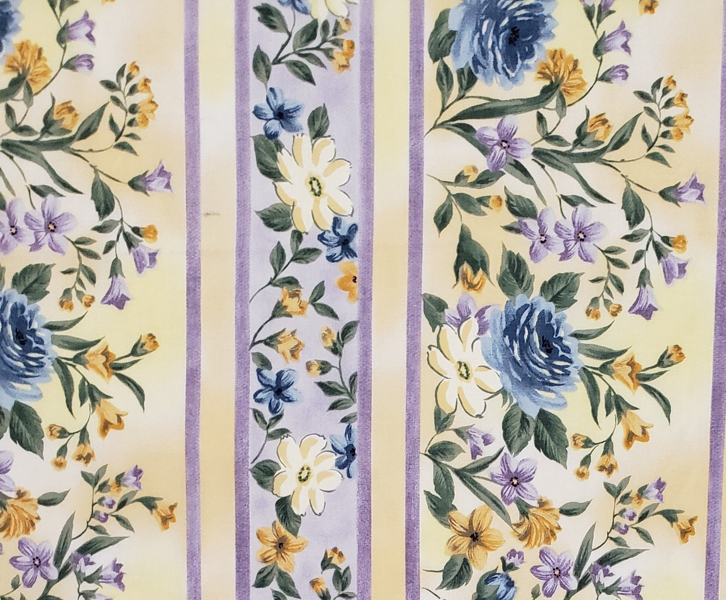 Rainbow Florals by Elenor Burns for Benartex Style 882 - Pale Yellow Stripe Fabric / Purple, Light Purple, Blue, Yellow and White Flowers