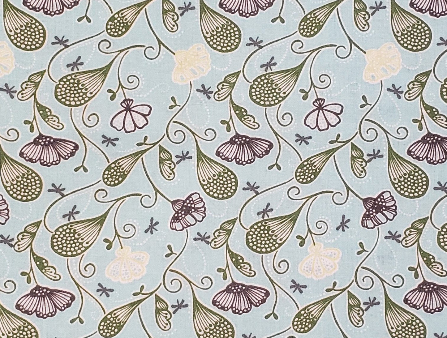 Light Blue Fabric / Gray Flower and Dragonfly Pattern with Green Leaves