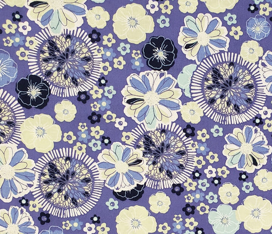 Medium Blue Fabric / Pale Green, Blue White and Dark Blue Flowers