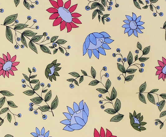 Penny Rose Fabrics Pattern C7113 Monday, Monday by Jill Finley of Jillily Studio 2018-Medium Yellow Fabric/Blue & Red Flowers/Green Leaves