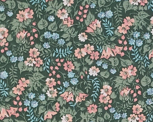 Dark Green Fabric / Pink and Blue Flower Pattern - Selvage to Selvage Pattern