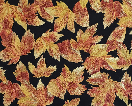Black Fabric with Dark Red, Burnt Orange and Gold Leaves with Metallic Accents