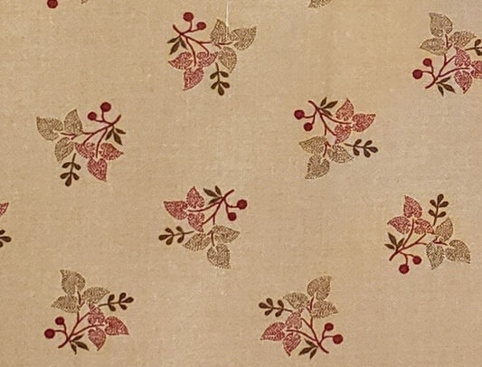 Garden Dance by Brannock & Patek for Moda - Light Olive Tonal Fabric / Darker Olive and Cranberry Leaf and Berry Pattern