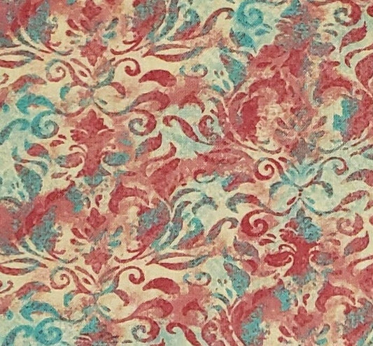 CP40999 Rose Wing Floral Damask Scroll, Susan Winget - Coral / Green / Red Pattern Fabric