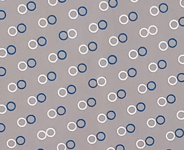 Silver Gray Fabric / White and Blue Circle Pattern - Selvage to Selvage Print