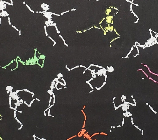 Fabric Country - Black Halloween Fabric / Neon Orange, Pink, White and Yellow Skeletons