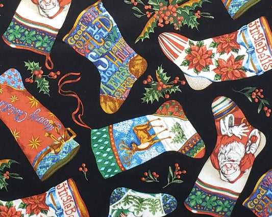 FLANNEL - Maker's Holiday Fabric Designed Excl for JoAnn Fabric and Craft Store-Black Fabric-Tossed Vintage Christmas Stockings/Holly Sprigs