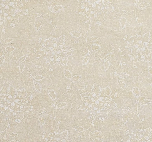 Pale Gold Fabric / White Silhouette Flower and Vine Print - Selvage to Selvage Print