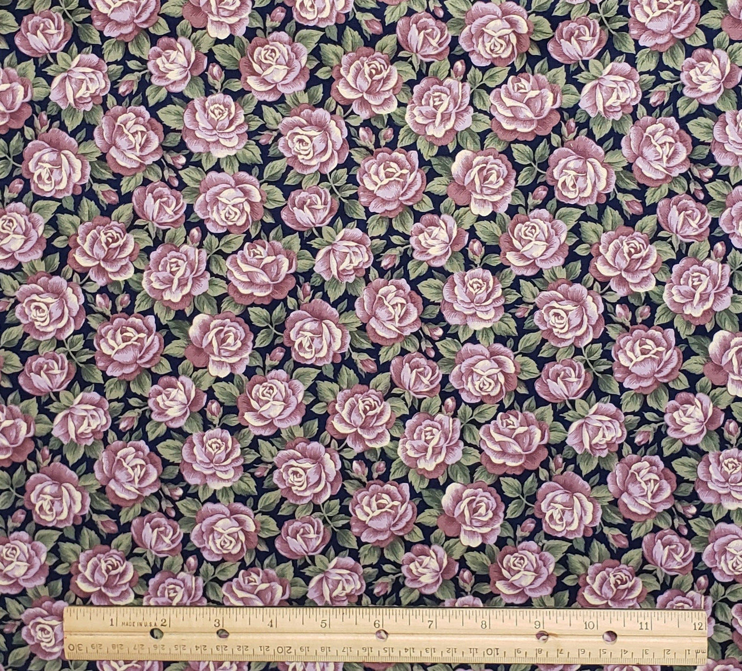 COLORSHOP by VIP Cranston Print Works Company - Dark Blue Fabric / Lavender, Mauve and Cream Rose Print / Tonal Green Leaves
