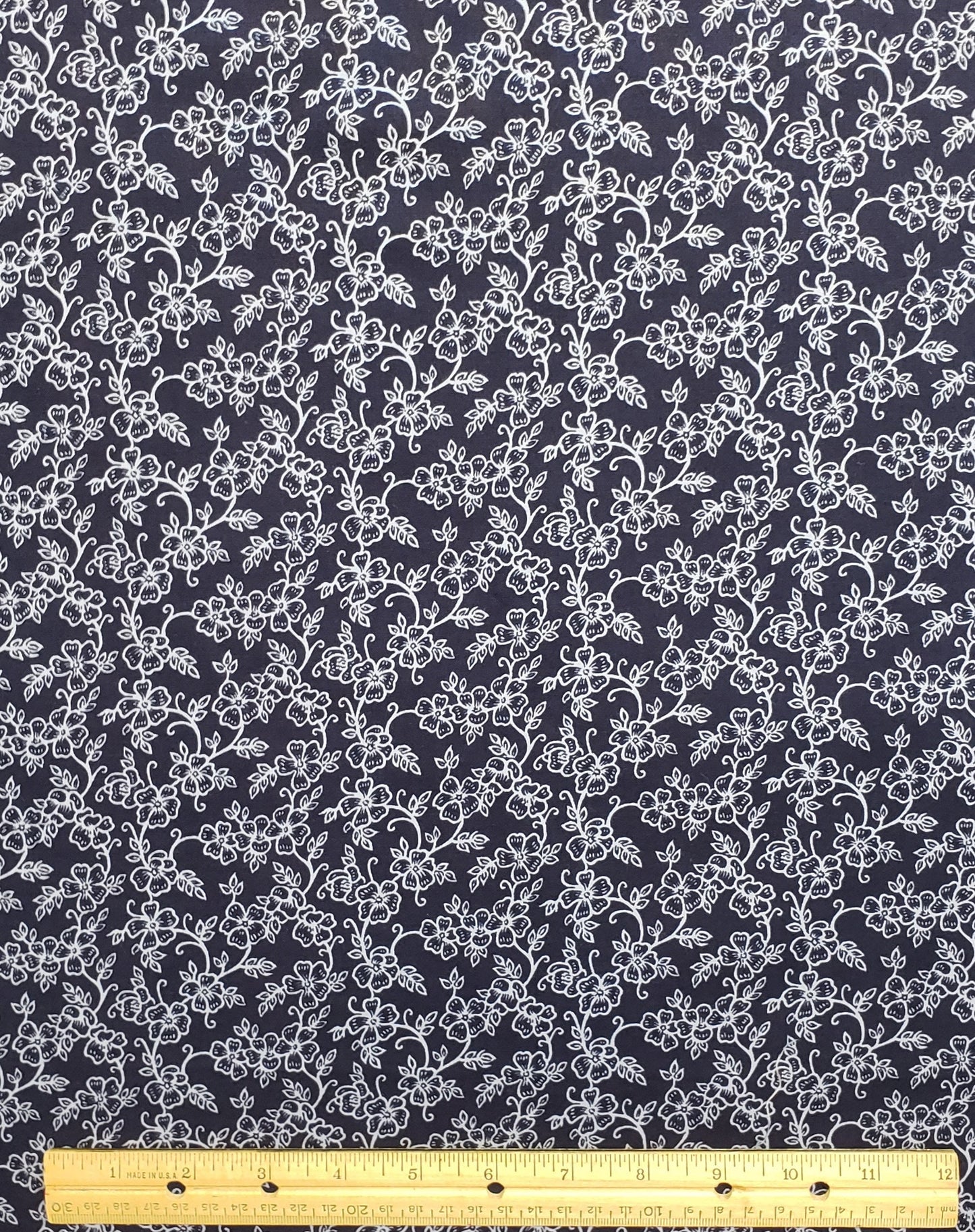 Dark Blue Fabric / Periwinkle Blue Flower and Vine Pattern