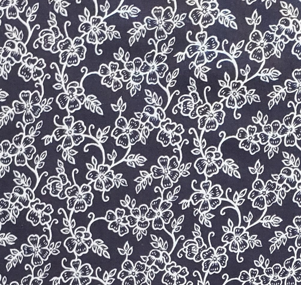 Dark Blue Fabric / Periwinkle Blue Flower and Vine Pattern